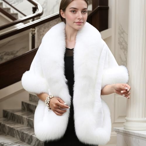 Women\'s Winter Faux Fur Wedding Bride Wrap Shawl Cape Cloak Evening Jacket PS37 White - Thumbnail 3