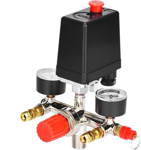 Regulador de Presión, Válvula de Presión Interruptor de Presión Válvula Reguladora con Manómetro 90-120 PSI para Compresor de Aire