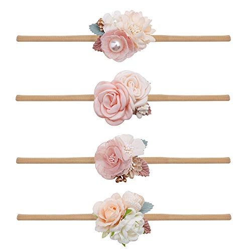 Image of mligril Baby Girl Nylon Headbands Flower Hair Bows Accessories-Elastic Hair Band Crown Handmade FLoral Wraps Birthday Gifts for Girls Newborn Infant Toddler 4Pcs