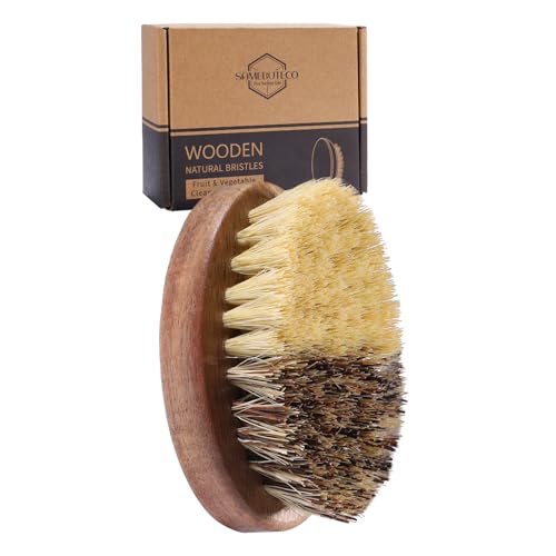 Samebuteco Fruit & Vegetable Cleaning Brush With Acacia Wooden Handle, Dual Bristle Produce Scrubber With Sisal And Palm Fibers, Oval Easy-Grip Design, Single Brush With Box,Brown