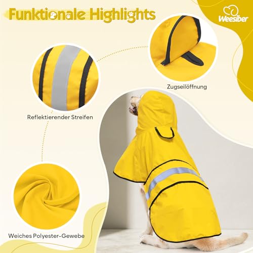 Weesiber Hunderegenmantel, Reflektierender Hund Regenmantel mit Leinenloch, wasserdichte Regenjacke Hunde Verstellbarer Hundeponcho Mit Kapuze (S, Gelb)