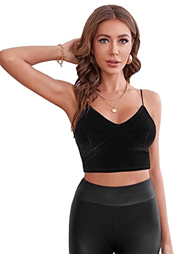 Verdusa Women s V Neck Sleeveless Velvet Camisole Spaghetti Strap Crop Cami Top Black S