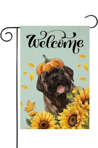 Welcome Fall Mastiff-Dog Decorative Garden Flag, Autumn Sunflower Flower Pumpkin Puppy Yard Outside Decoration, Farmhouse Thanksgiving Outdoor Small Home Decor Double Sided 12x18(8878)
