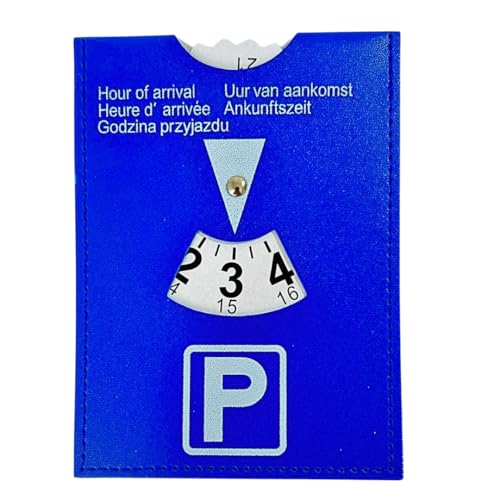 Disco de aparcamiento para coche, reloj de parquímetro según StVo, piel sintética, 11 x 15 cm, 12/24 horas, multilingüe, color azul
