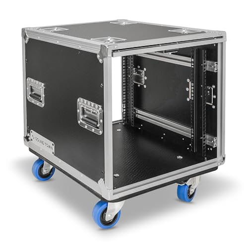 Image of Sound Town 10U Slam Rack Road Case with Sliding Doors, Adjustable Rack Depth, Casters, 12mm PVC-Laminated Plywood, for PA /DJ Gear (STPR-10)