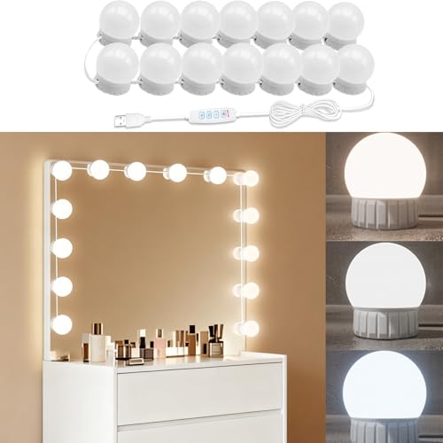 LED Vanity Lights for Mirror Hollywood Style USB Fill Light Adjustable Color and Brightness Mirrors Lights Stick on Makeup Table Bathroom Dressing Room (No Mirror Include) (14 Bulbs)