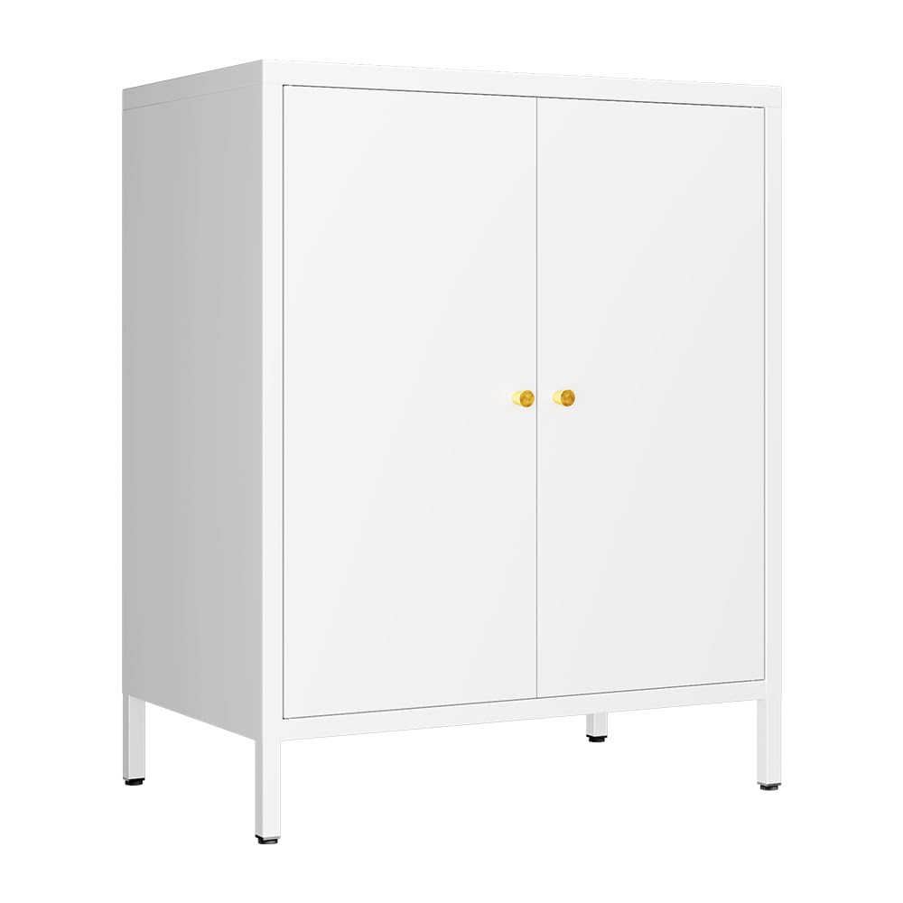 Fumedo Small 2 Metal Storage Side Buffet Cabinet for Bed Room,Living Room,Entryway,Hallway,Home,Hotel,Office,Garage,Kitchen,1 Removable Shelf. (Metal Door, White)