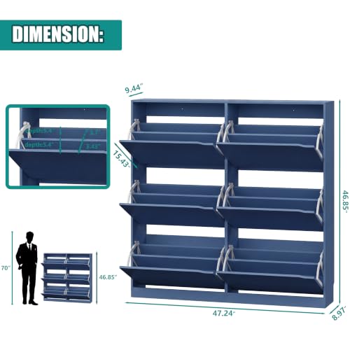 Image of Xixini Shoe Storage Cabinet for Entryway with 6 Flip Drawers, Sturdy Wood Hidden Shoe Storage, Freestanding Narrow Slim Shoe Organizer for Front Door Entrance, Living Room, Hallway, Bedroom, Blue