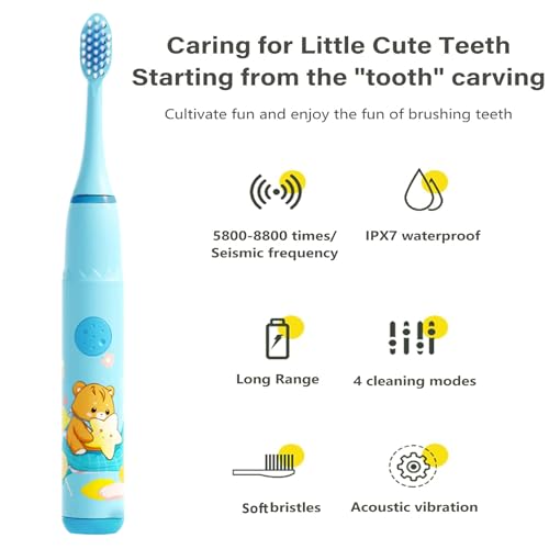 Image of Obvie Sonic Electric Kids Toothbrush with 4 Brushing Modes, 19000 Strokes per minute, IPX7 Waterproof, Soft Nylon Bristles, Rechargeable Battery, Electric Power Tooth Brush, 3 Heads (C4)