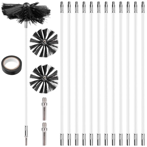 Juego de 4,9 m de cepillo de chimenea, cepillo de tubo de estufa de 150 mm de diámetro y 12 varillas flexibles, cepillo para deshollinador con 2 barras hexagonales, cepillo de limpieza para chimenea