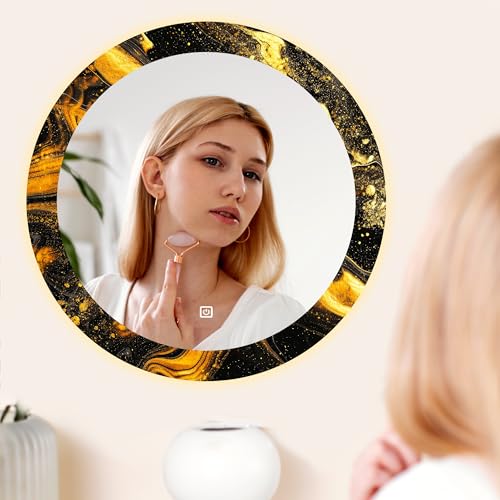 Image of NEVEX Glass Round 24x24 Inch Decorative Art Unique UV Printed Smart LED Mirror with 3 Color Lights (Warm White, Cool White & Natural White) | Fancy Wash Basin Wall Mirror for Modern Home Decor