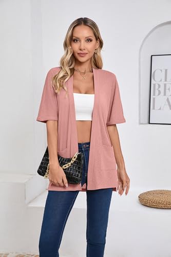 Image of Iandroiy Women's Lightweight Open Front Cardigans Casual Short Sleeve Blouse Tops