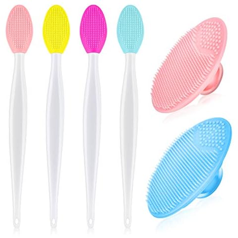 4 Pcs Lip Scrub Brush and 2 Pcs Silicone Face Cleanser and Massager Brush, Double-Sided Silicone Exfoliating Lip Brush, Silicone Facial Scrubber Exfoliator Set, Silicone Facial Cleaning Tool Cover