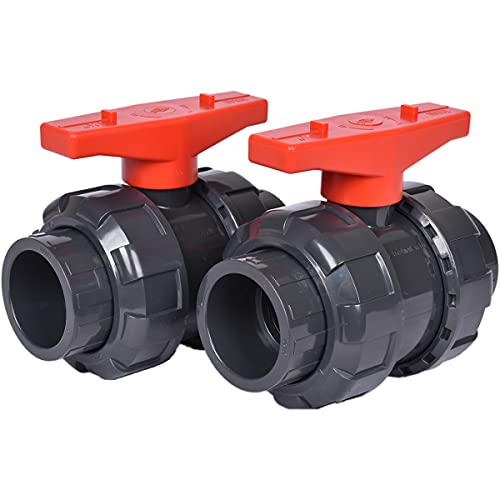 True Union Ball Valve 2" with Full Port (2-Pack), UPVC Full Flow Ball Valve - U.S. ASTM EPDM O-Rings and Reversible PTFE Seats, Rated at 230 PSI