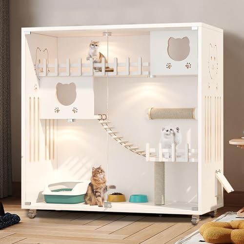 Wooden Cat Cage Indoor, Cat Condo Enclosed Large Space with Wheels, Multi-Feature Enclosed Cat House for Indoor Cats Ventilation Glass Doors,50" X 48" X 24" (White, 50" X 48" X 24")