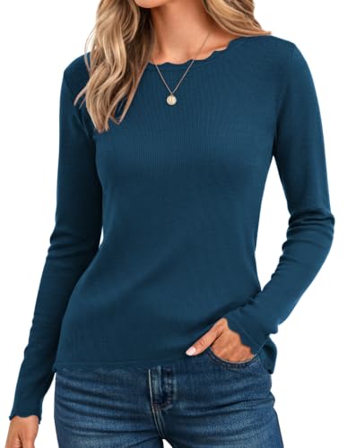 Image of GRACE KARIN Long Sleeve Fall Sweaters for Women Trendy Business Casual Tops | Fashion Clothes,Classic Pullover Shirt,Crew Neck,Scalloped,Lightweight,Soft Comfy,Fitted,Knit,Stretchy,Winter Layer Clothing