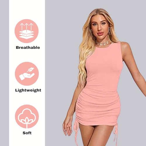 Image of LONDON BELLY Women's Solid Pattern Polyester Blend Bodycon Mini Dress with Drawstring Fitted Closure Type Round Neck and Sleeveless Thigh Length | One Piece Dresses for Women
