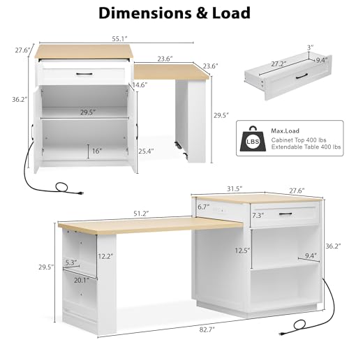 Merax 82.7" Kitchen Island with Extendable Dining Table for 4-6, with Storage, Charging Station, 2 Drawers & 2 Side Open Shelves for Dining Room House Bar, White Oak