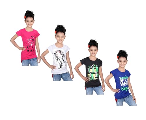 Image of indi weaves Girls Pure Cotton Chest Printed Half Sleeves Round Neck T-Shirts (Pack of 4)