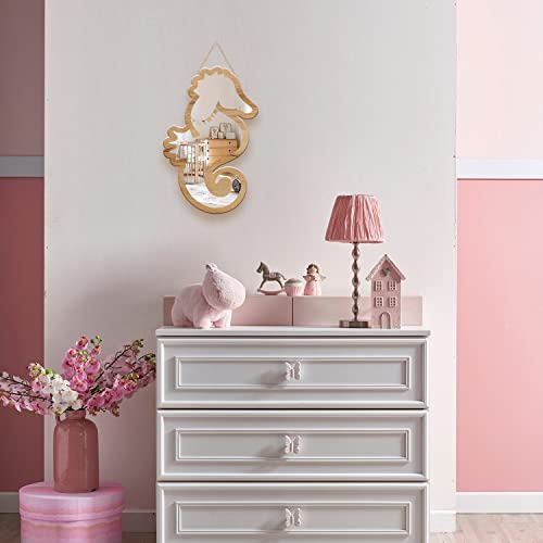Cute Seahorse Patterned Silver Natural Wood Framed Acrylic To Hanging Wall Mirror Decorative Stickers Baby Kids Teen Room Nursery Bathroom Bedroom Livingroom Decoration #TOP4