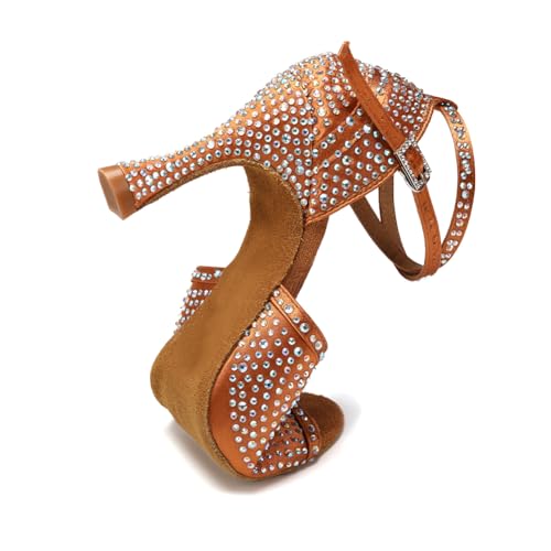 Image of JUODVMP Women's Latin Dance Shoes Rhinestones Satin Ballroom Dancing Shoes Salsa Professional Dance Shoes