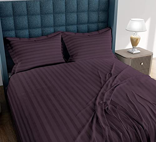 Image of 300 TC Glace Cotton Plain Stripe Queen Size Single Bedsheet with 1 Pillow Cover for Home, Hotel, Guest Room (60 X 90) Inch Plum Pack 1