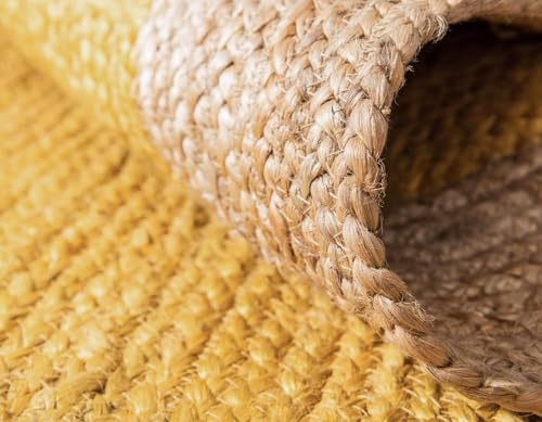 Image of Jute Round Rug Yellow - 150 cm Handwoven Boho Braided Carpet, Natural Fiber Area Rug for Living Room, Bedroom, Dining & Patio - Eco-Friendly Durable Floor Mat