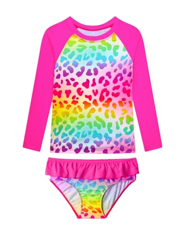 Toddler Bathing Suits for Girls Size 4t 5t Rainbow Leopard Long Sleeve Swimsuits Tankini Sets Beach Swimwear