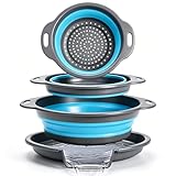 Cluren Collapsible Colander Set with Oversized Draining Tray | 3-Pack Foldable Kitchen Strainers + Base | Space Saving for Pasta, Veggies, Fruit & Rice | 5 Colors (Gray-Blue)