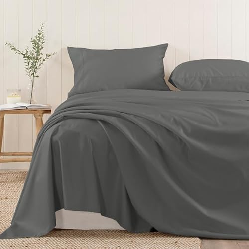 Pizuna (ピズナ) 100%コットン製 高級フラットシーツ シングル - 天然綿400スレッドカウント ホテル品質 長繊維(ロングステープル)サテン織り、洗濯機対応 ベッドリネン 1枚 150×270cm