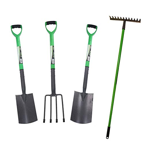 AB Tools Garden Border Fork Spade Rake + Digging Spade Carbon Steel Blades 4pc Kit
