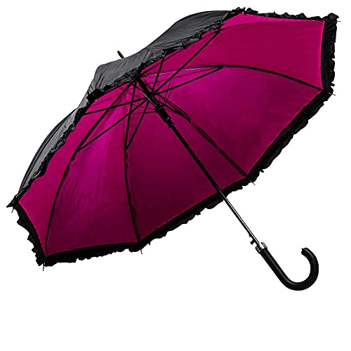 LUCKYWEATHER Regenschirm Stockschirm Damen Rüschenschirm schwarz/pink Auf-Automatik Double Layer I Stockregenschirm groß und stabil sowie hochwertig verarbeitet I Regenschirme mit UV-Schutz