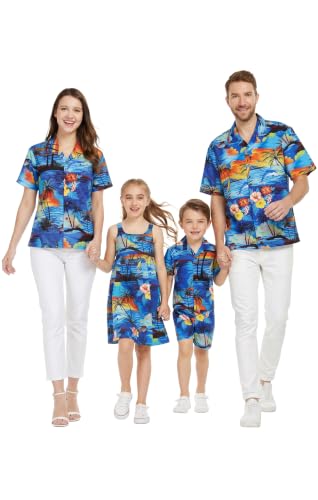Image of Hawaii Hangover Family Matching Hawaiian Clothes, Sunset Blue | Family matching Hawaiian outfits, Sunset Blue, 100% cotton, machine washable, tropical floral print, luaus, cruises