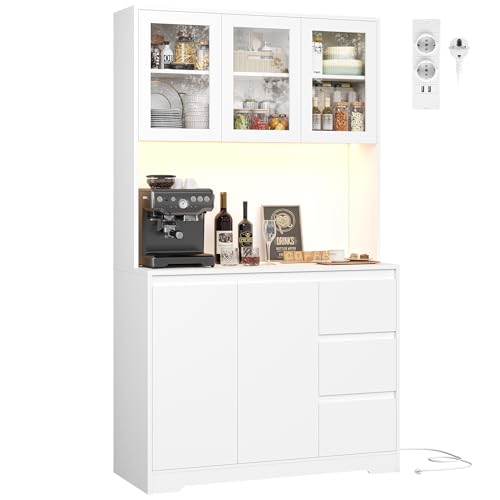 FirFurd Buffet Cuisine Meuble Cuisine Rangement avec LED Multiprises Vaisselier avec Étagere Réglable 5 Portes 3 Tiroirs 180x100x38.5cm Blanc