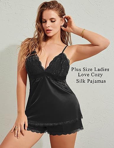 Image of Avidlove Women Sleepwear Satin Pajamas Set Lace Camisole Shorts Nightwear | Sexy Pajama Set for Women Sleepwear Sleep Set 2 Piece Outfits Lingerie Sets Pjs for Women Set Cami Top and Shorts Nightwear