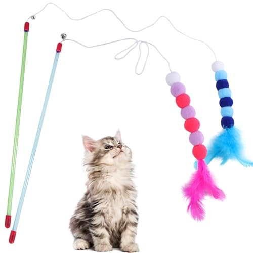 Feibety 2Pcs Cat Feather Toys Cat Wand Toys with Bell and Plush Balls,Colourful Interactive Kitten Teaser Pet Toy Wire Chaser Wand Teaser Indoor Playing Exercising Interactive Training（Blue + Purple）