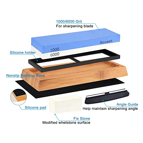 Aovemt Knife Sharpening Stone, Premium Knife Sharpening Kit, 2 Side Grit 1000/6000 Whetstone, Wet Stone, Nonslip Base, Angle Guide and Flattening Ston e