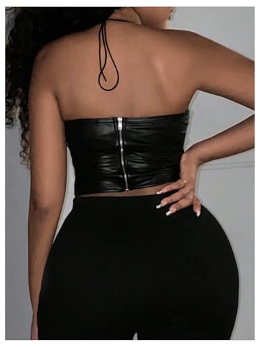 WDIRARA Women's PU Leather Lace Up Halter Top Sleeveless Tie Backless Crop Tops Party Clubwear2