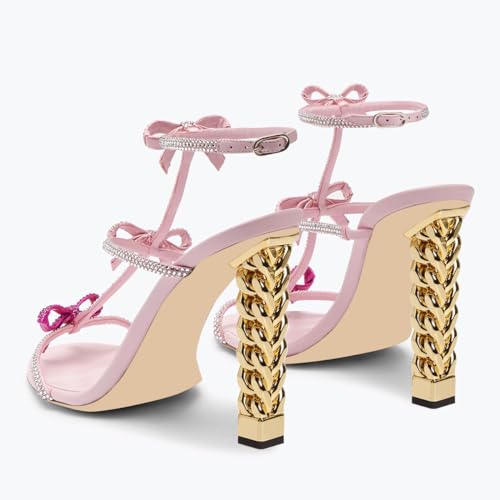 FSJ Women Gold Metal Chain Thick High Heel Sandals Open Toe Strappy Ankle Buckle Strap Slingback Comfy Summer Dress Pumps Crystal Bows Size 4-15 US3