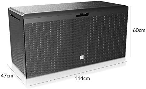 Casaria 290 Litre Rattan Style Garden Storage Box | Plastic Outdoor Patio Deck Cushion Parcel Tool Chest Log Store | Sit-on Lid | 114x47x60cm | Wheels Lockable Water-resistant Weatherproof | Grey