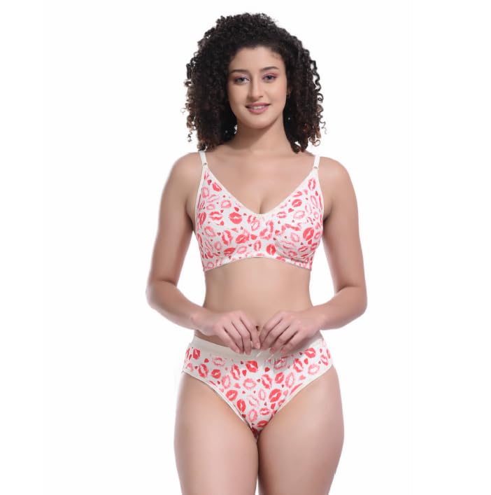 Women's Cotton Bra and Panty Set with Kiss Print Pattern, Art Women's Cottton Non Padded,Manufacturing Product,Combo Set,Pink-image-48