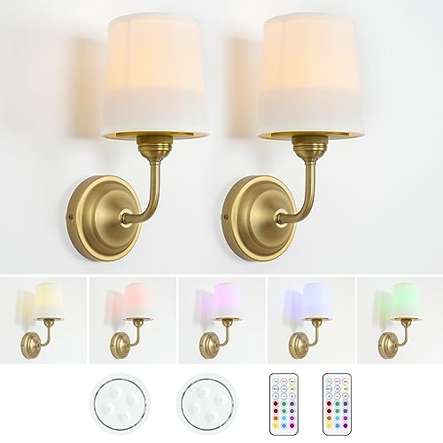 Image of HEQIQEH Vintage Gooseneck Battery Operated Wall Sconce Light Fixture Set of 2 with Remote Control, Flared Funnel White Fabric Shade Dimmable Nightstand Lamps for Bedside Bedroom Living Room（antique-2）