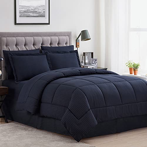 Image of Sweet Home Collection 8 Piece Bed in A Bag with Dobby Stripe Comforter, Sheet Set, Bed Skirt, and Sham Set - Queen - Navy