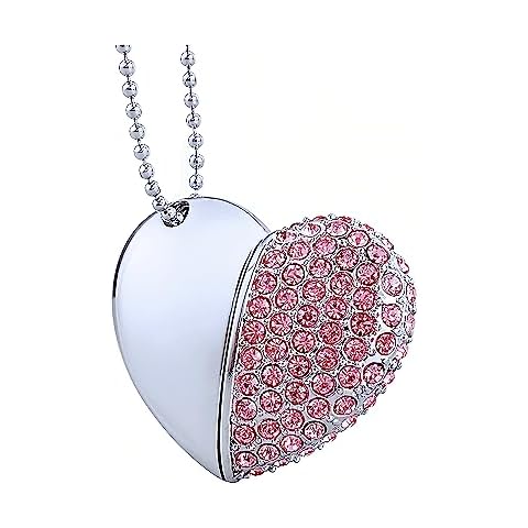 WooTeck 64GB Crystal Loving Heart Jewelry USB Flash Drive Pendrive with Necklace,Pink Cover