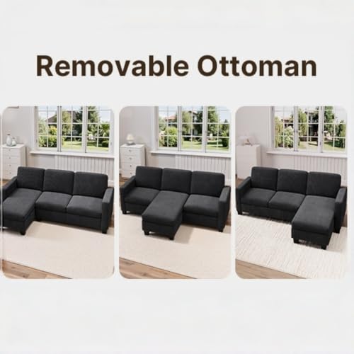 Xbro Ecksofa L-Form 3-Sitzer mit beweglichem Fußhocker, kleines Ecksofa aus weichem Cordstoff, 188 × 136,5 × 89 cm, Dunkelgrau