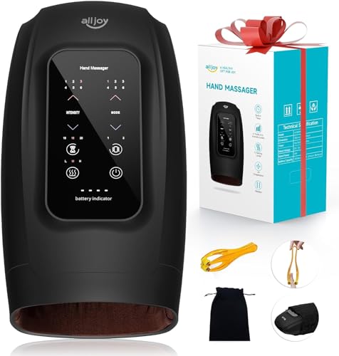 ALLJOY Hand Massager for Arthritis and Carpal Tunnel Relief, Touchscreen Cordless Hand Massager with Vibration and Heat, 6 Levels Pressure Point Therapy, Ideal Gifts for Women Men Mom Dad (Black)