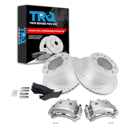 Image of TRQ Rear Performance Brake Pad, Caliper, & Rotor Kit Ceramic Vented Premium G-Coated Compatible with 2003-2008 Dodge Ram 3500