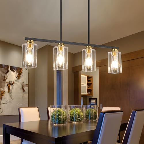 Mecgirn Island Light for Kitchen, Black and Gold Dining Room Light Fixture Over Table, 4-Light Linear Chandelier Pendant Lighting for Dining Table Kitchen Island Living Room by Mecgirn - Used condition - US$75.23