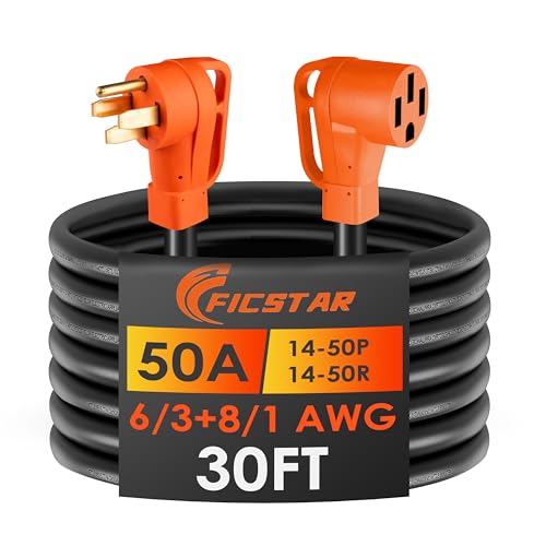 Ficstar 30FT 50 Amp RV Extension Cord Outdoor with Grip Handle 125/250V 12500W 4 Prong Heavy Duty 6/3+8/1 Gauge STW NEMA 14-50P to 14-50R with Cord Organizer UL&ETL Listed