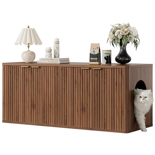 IRONCK Double Cat Litter Box Enclosure Furniture Hidden Litter Box Cabinet with Fluted Wave Door & Rounded Corners Large Indoor Cats House for Living Room Washroom Bedroom Walnut